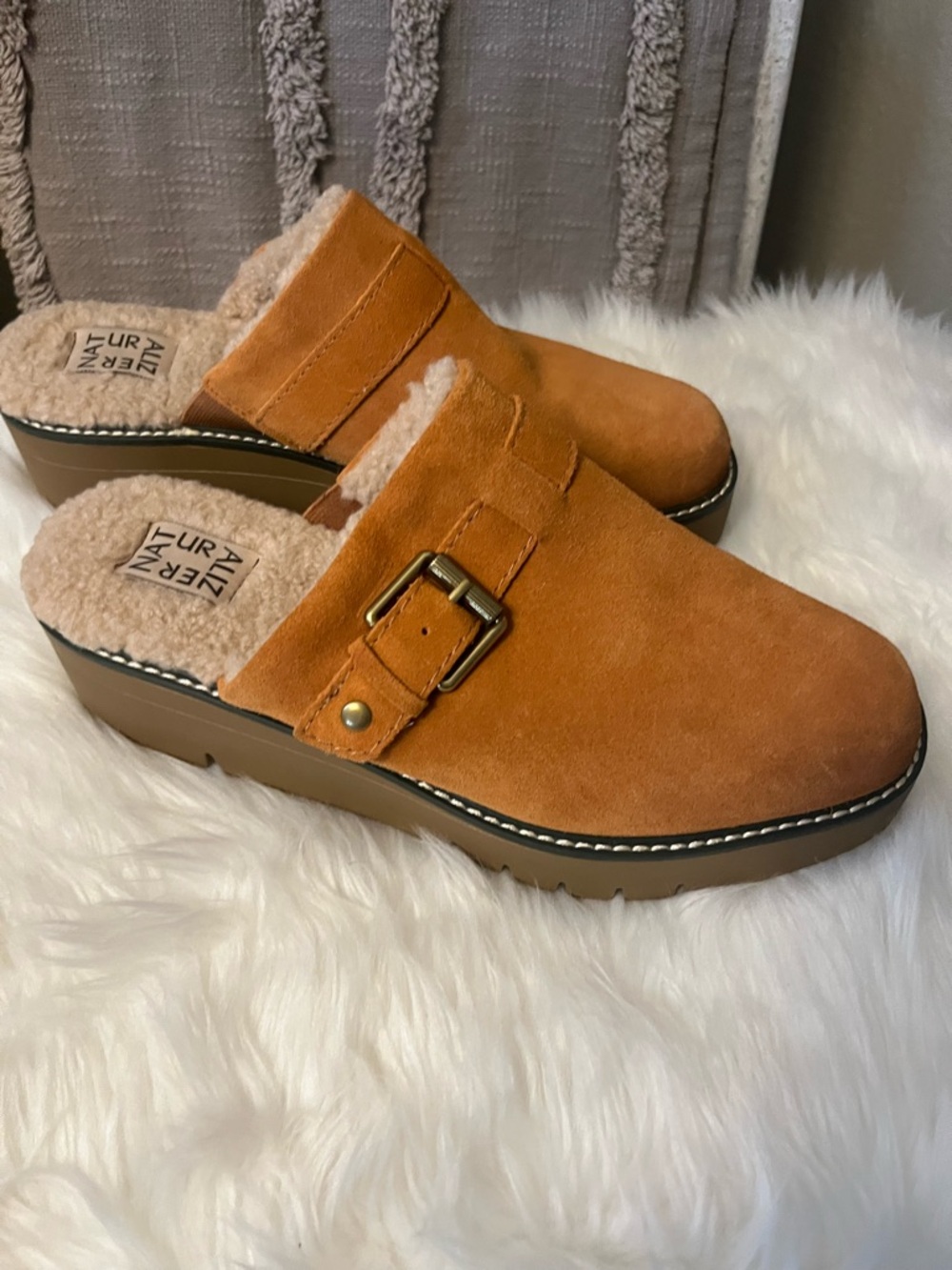 Naturalizer Suede Mule Clogs in Burnt Orange with Shearling Trim